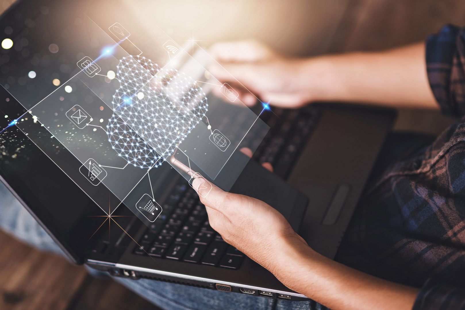 cloud network technology,cloud computing concept.person using smartphone and computer laptop