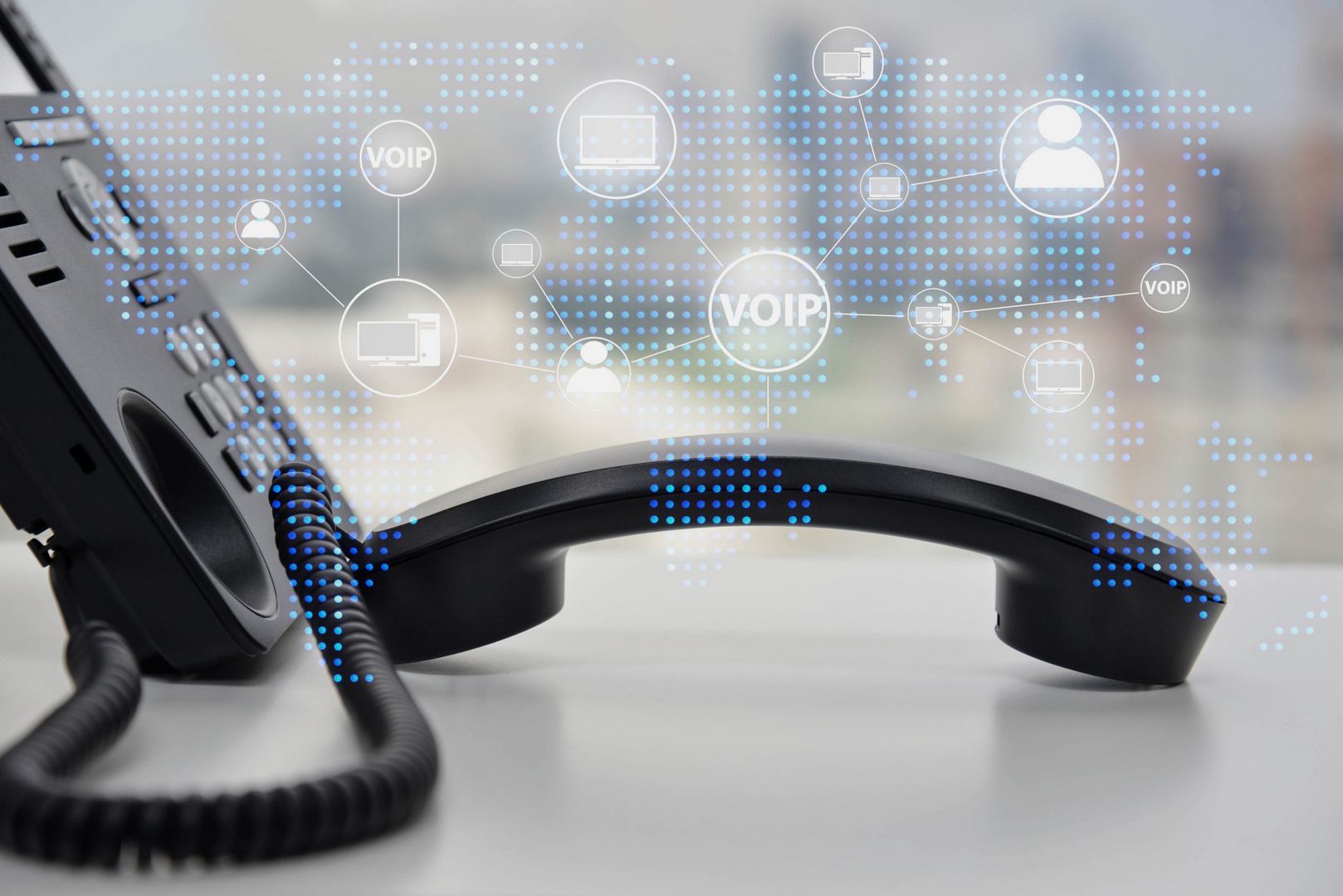 IP Phone double exposure with blue LED world map and business icon of VOIP human and for communication concept