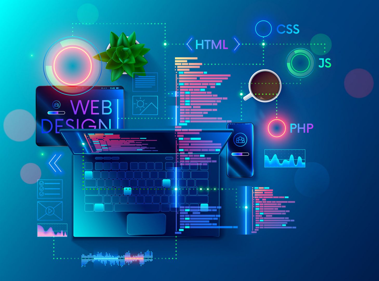 Web development, coding and programming responsive layout internet site or app of devices. Creation digital Software mobile, desktop platforms. Computer code on laptop, tablet, phone. Concept banner.